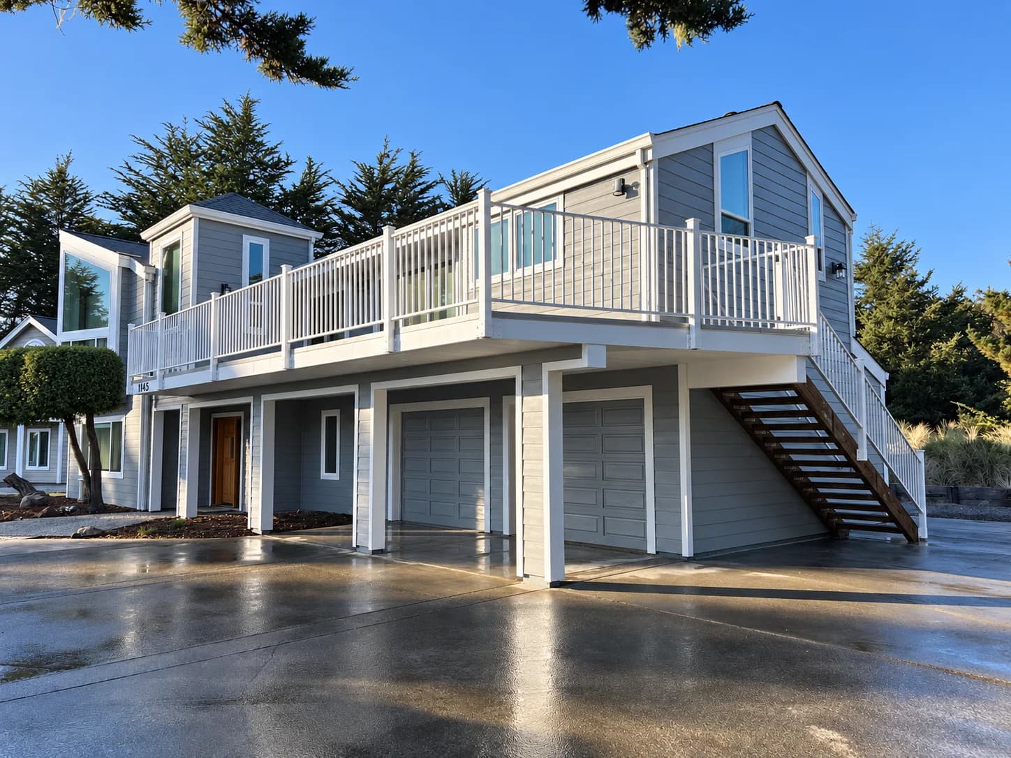 Gray Siding & White Trim — front elevation and balcony