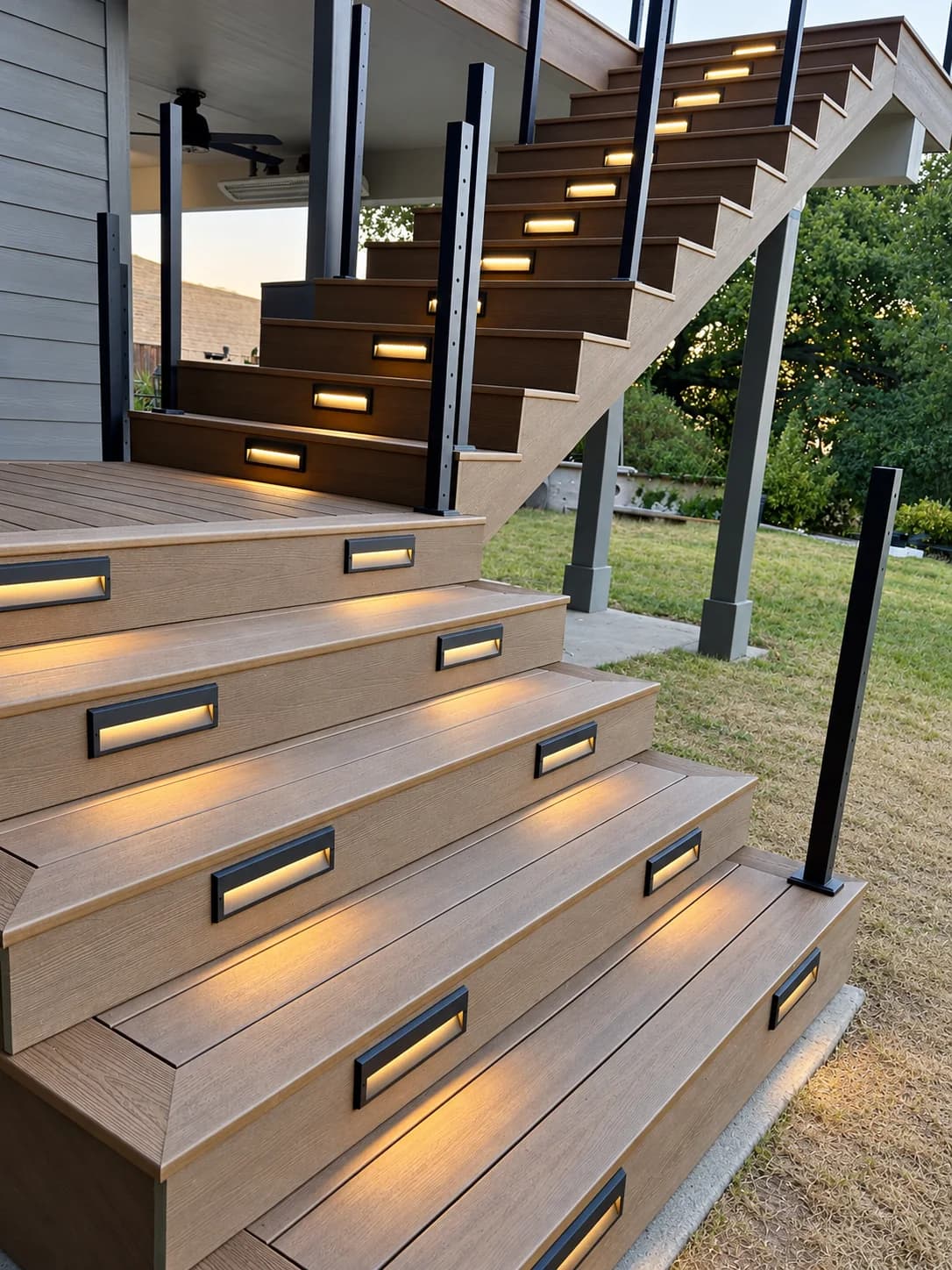 Illuminated Outdoor Staircase — stair lighting and railing posts